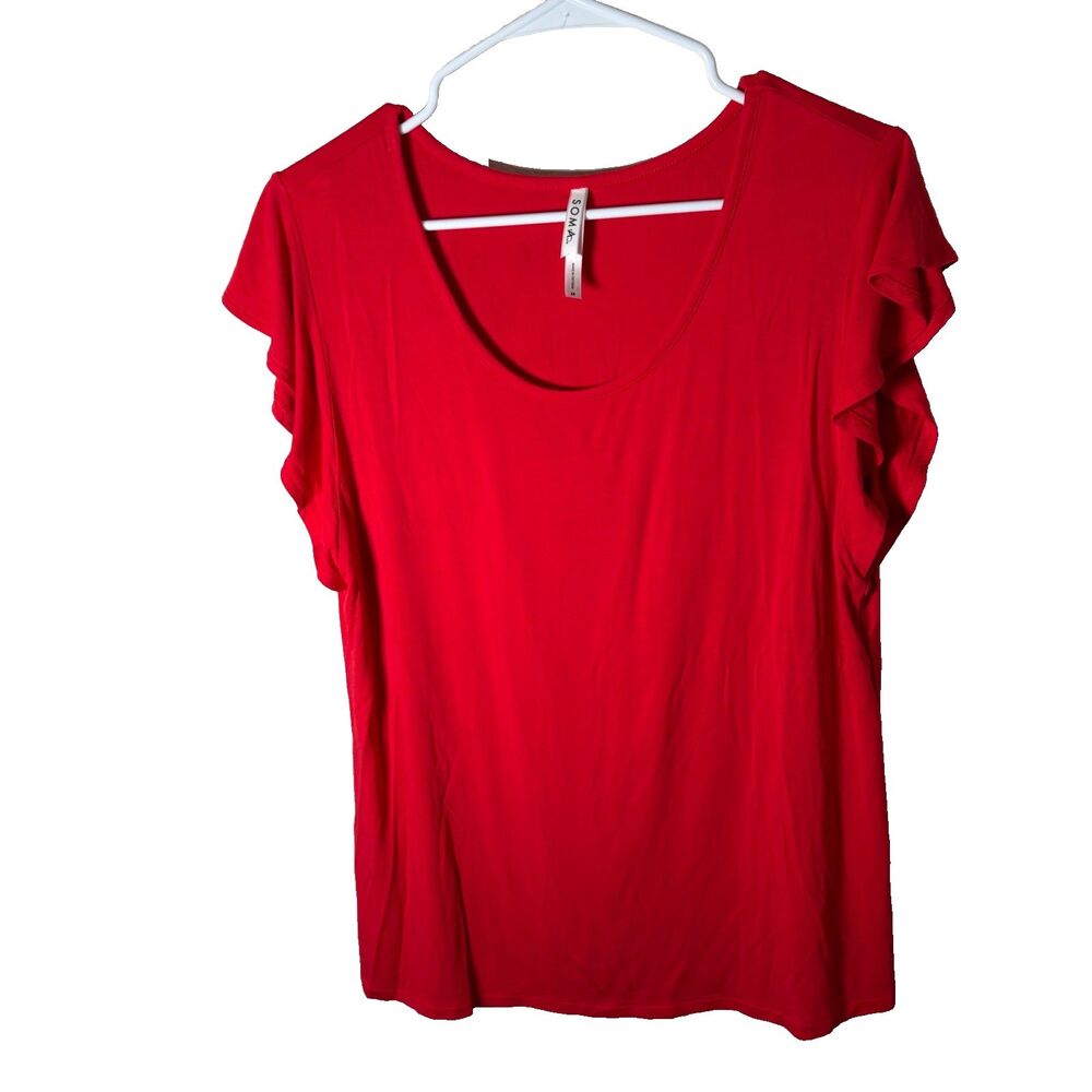 Soma T-Shirt Women's Medium Red Round Neck Ruffle Short Sleeve Shirt Top